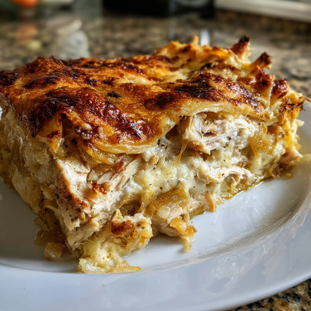 Französische Zwiebel Hähnchen Lasagna Komfort