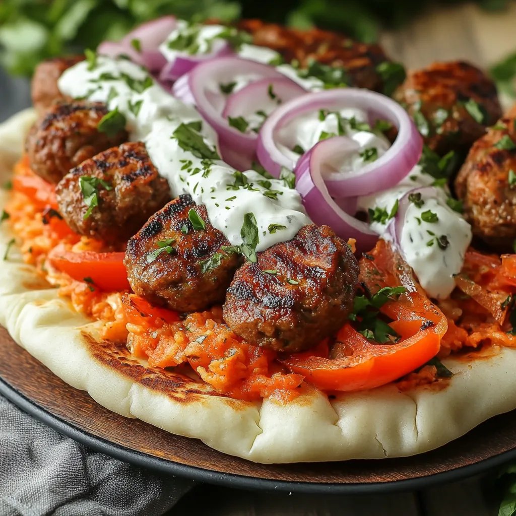 Tomaten-Kritharaki mit veganen Cevapcici und Tzatziki