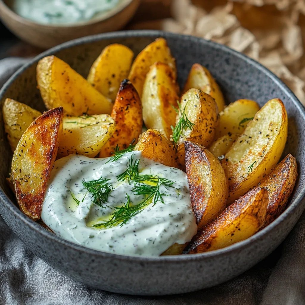 Kartoffelspalten mit Gurkendip
